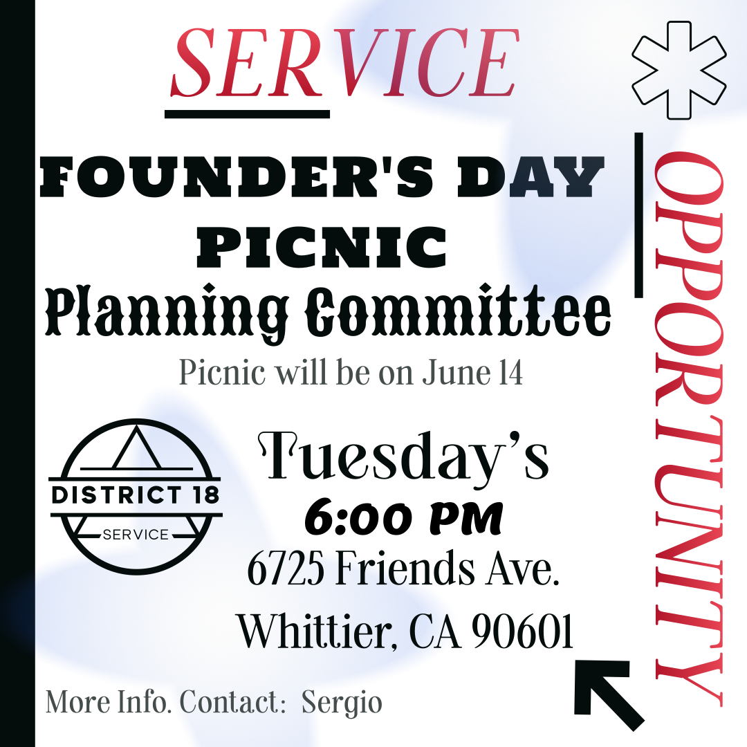 Founder's Day Picnic Planning Committee Will be on Tuesdays at the Wesely Building. 